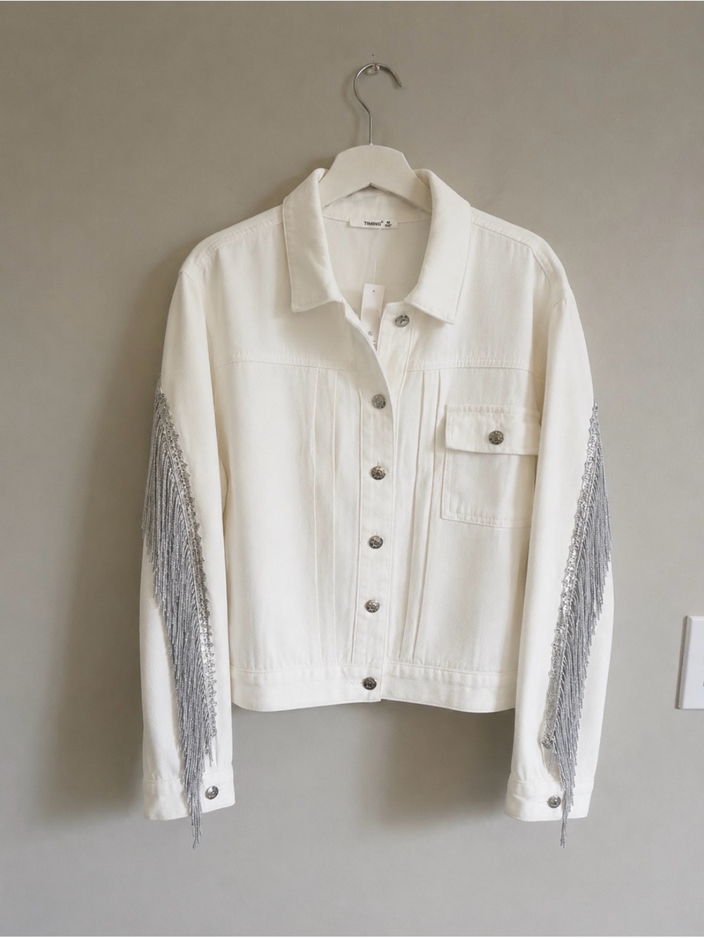 Sequin Fringe White Denim Jacket - Picture 12 of 12